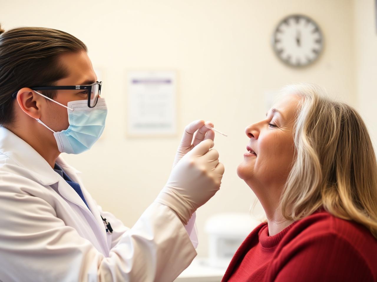Certified collector performing a painless cheek swab DNA collection on a client